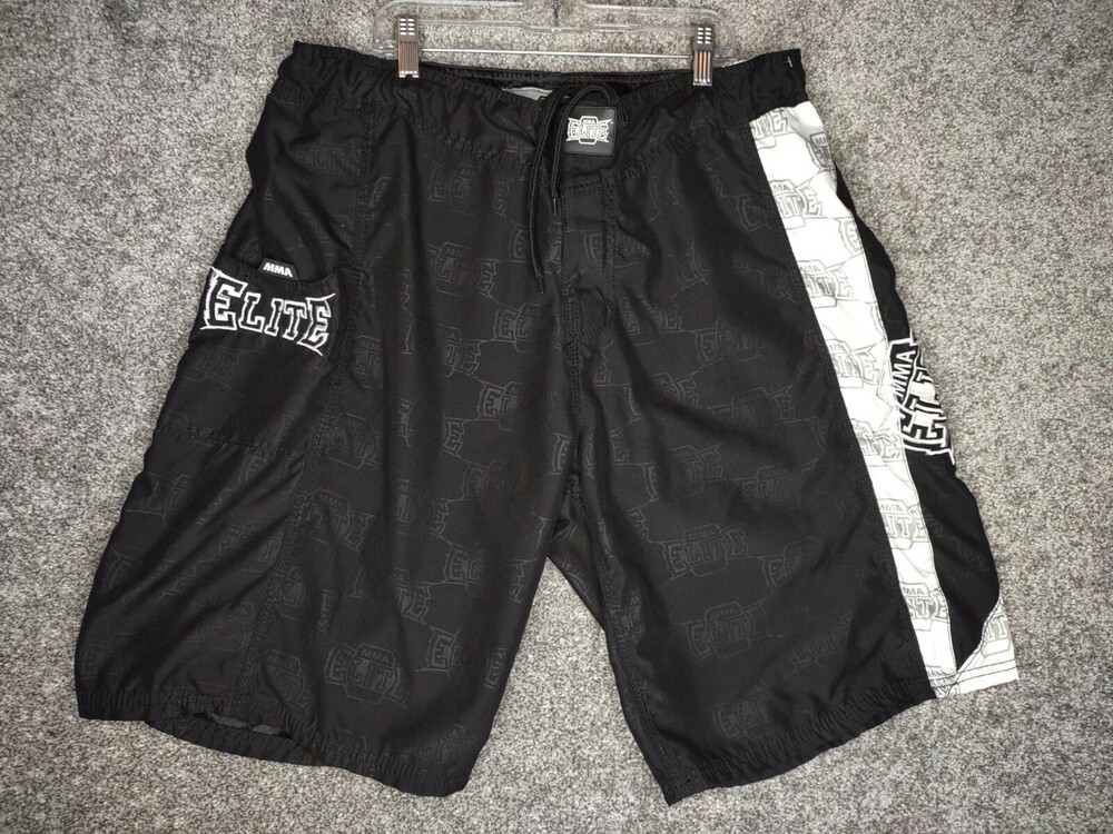 MMA Elite Shorts Mens Large Black White All Over Print Combat Sparring Trunks